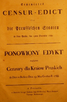 Erneuertes Censur-Edict für die Preusischen Staaten de dato Berlin, den 19ten December 1788