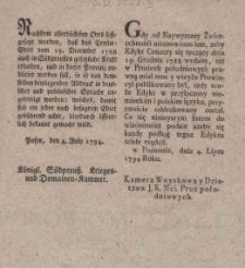 [Obwieszczenie w sprawie opublikowania w Prusach Południowych edyktu tyczącego się cenzury z d. 19 XII 1788 r.]